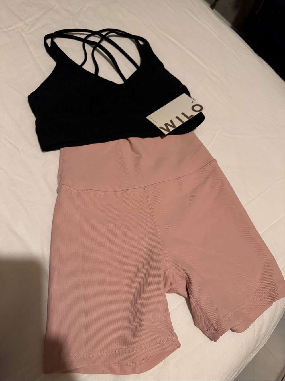 Wilo Blush Pink Ribbed High-Rise Bike Shorts & sports bra (size XS)